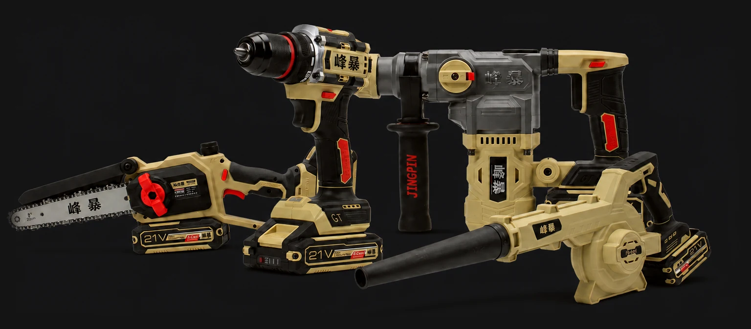 Fengbao chainsaw, drill, rotary hammer, blower and reciprocating saw all running on the same 21V lithium battery packs