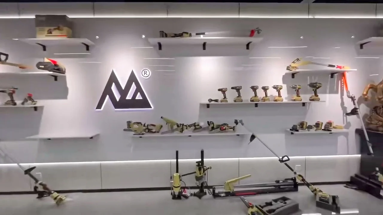 Fengbao product showroom wall with cordless tools on display
